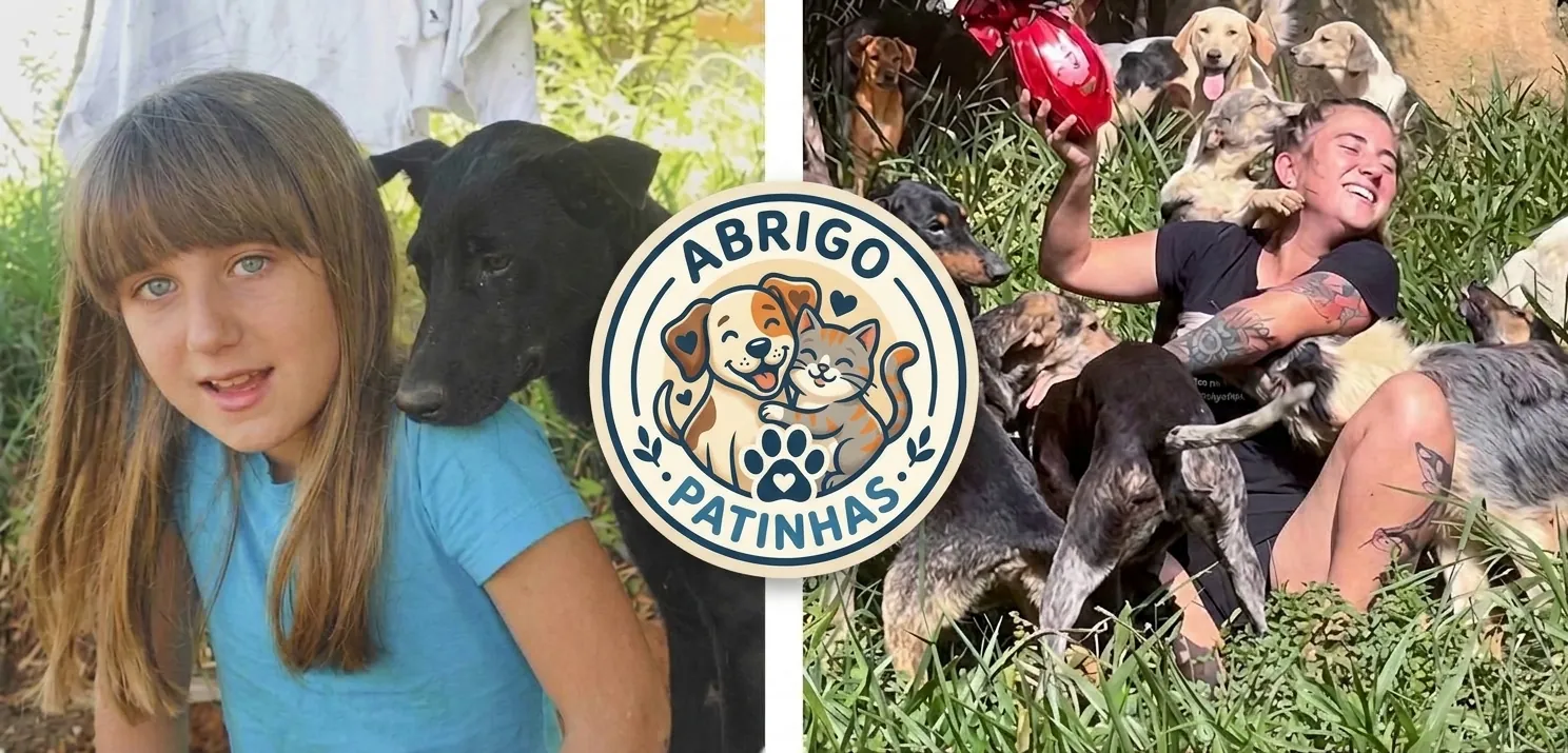 A fundadora do Abrigo Patinhas na infância com um cão e hoje cercada pelos animais do abrigo, com o logo ao centro